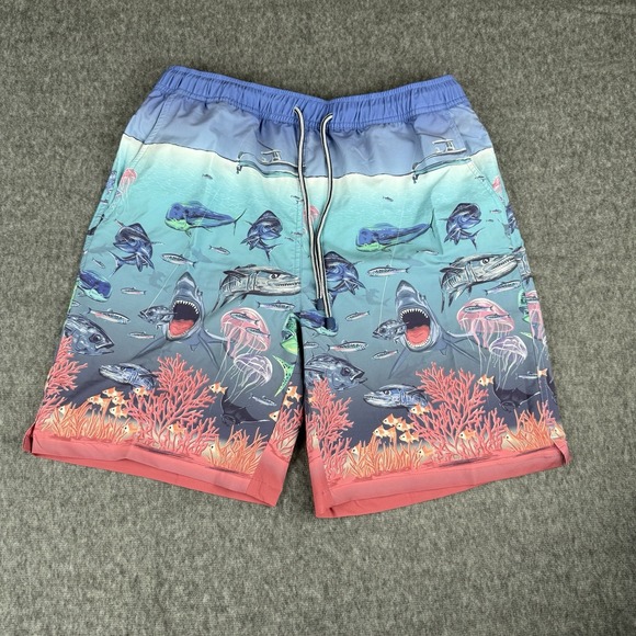 Peter Millar Men's NWT Ocean Traffic Swim Trunks Shark Fish Island Blue M Koozie